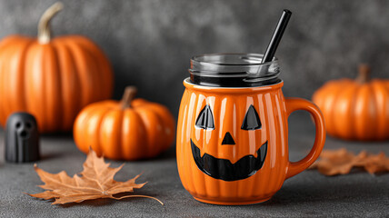 Halloween black cocktail with a straw in a cup in the shape of an orange pumpkin.