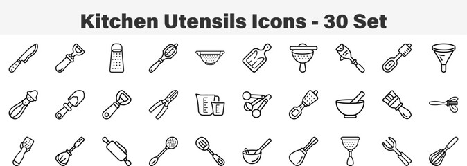 Kitchen Utensils and Culinary Equipment Icon Pack. Line Art 30 Set Icon Collection Vector Illustration