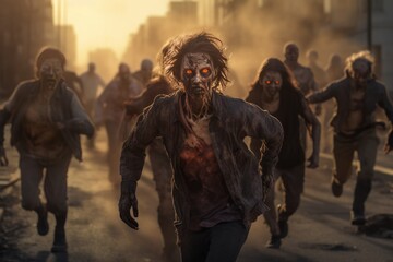 Zombies walk on the street. Horror movie. Halloween. Horror scene with zombies . Scary zombies in the halloween night. Horror film. Zombie. Zombies. Halloween. Halloween Concept with Copy Space.