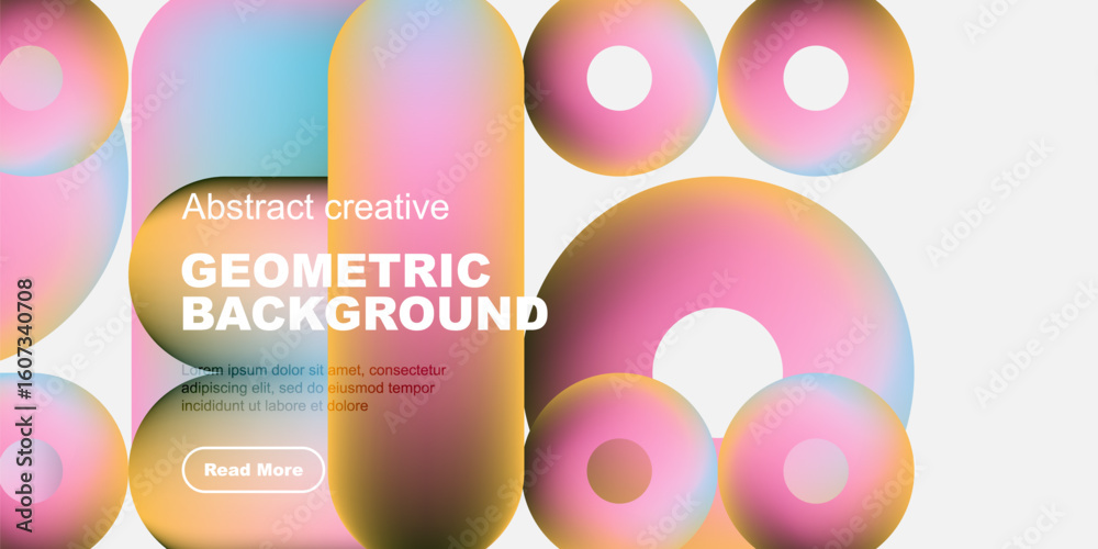 Poster vibrant overlapping circles create abstract geometric background. text present, button visible. mode