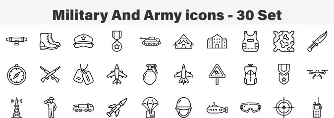 Military and Army Force Vector Symbol Collection. Line Art 30 Set Icon Collection Vector Illustration