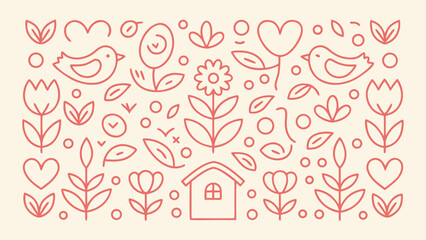 Delicate Floral Pattern with Birds and a House in Coral Outline on Cream Background Perfect for Spring or Summer Design Projects