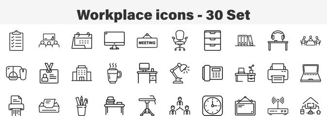 Modern Workplace and Office Environment Icons. Line Art 30 Set Icon Collection Vector Illustration