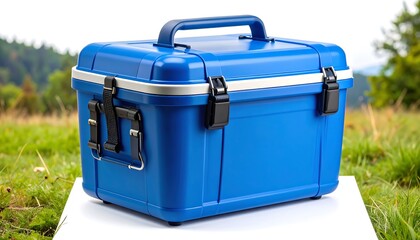 Blue hard plastic storage case on white surface outdoors