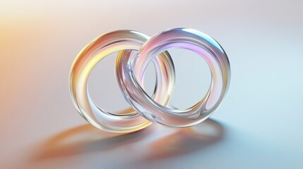 Fototapeta premium Two linked, iridescent rings on a soft pastel background