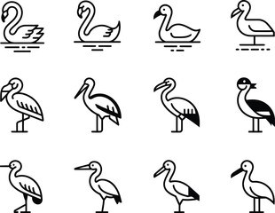 Fototapeta premium PCollection of stylized line art icons featuring various water birds