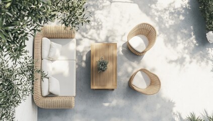 Overhead view of a light-filled outdoor patio area.?