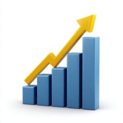 Rising blue bar graph with yellow arrow isolated on white background