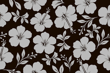 Elegant monochrome floral pattern with hibiscus silhouettes and botanical leaves on a dark background. Perfect for fabric, wallpapers, and stylish decor.  © Fahhh