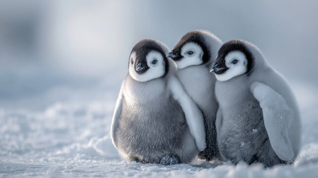 Three fuzzy baby penguins huddle on snowy ground