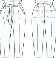 High waist women’s trousers front and back view, belted paperbag pants with pockets, CAD flat fashion vector technical drawing illustration