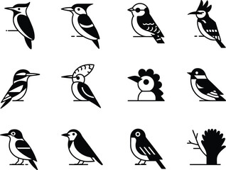 Naklejka premium Collection of stylized black and white bird illustrations