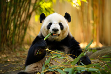 Obraz premium Giant Panda Enjoying Bamboo: A Wildlife Close-Up