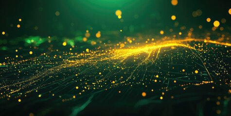 Abstract digital landscape of glowing particles in emerald green and gold. 