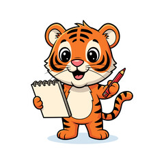 Cute Cartoon Tiger Student with Notebook and Pencil for Education or Learning