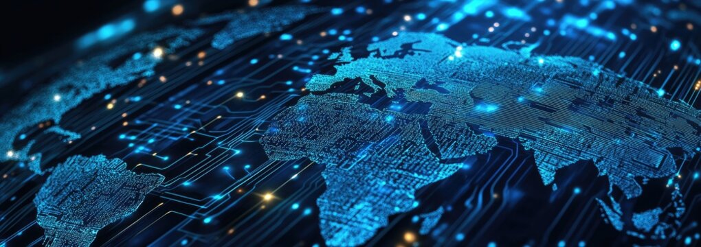 Global digital network, world map overlaid on a circuit board