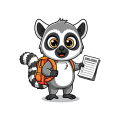 Cute Cartoon Lemur Student with Backpack and Checklist
