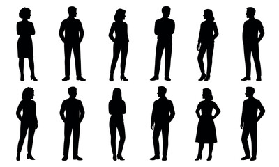 Standing male and female silhouettes, professional office poses isolated on transparent background