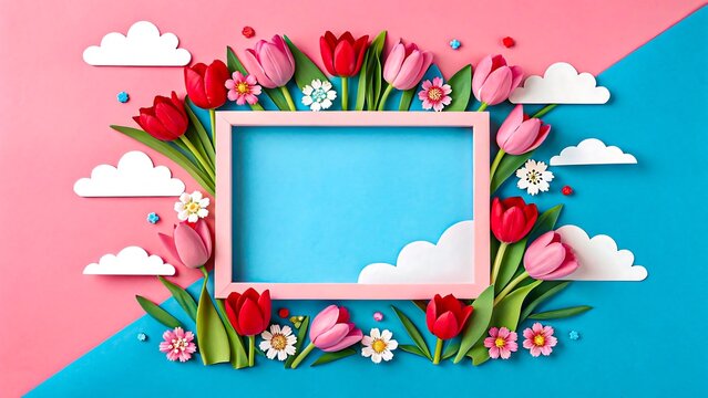 Colorful floral frame with tulips and clouds on pink and blue background

