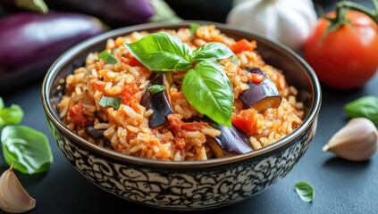 Bowl of flavorful rice dish with eggplant and tomatoes, garnished with fresh basil