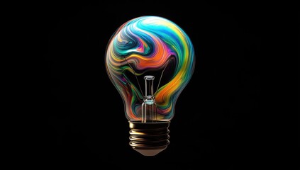 Vibrant, swirling colors fill a lightbulb, against a black backdrop