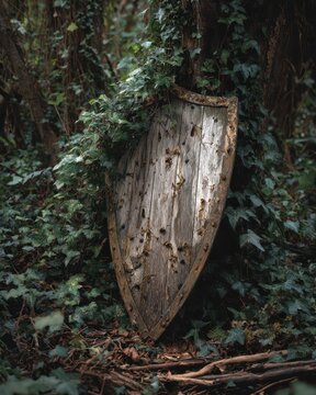 Weathered old wooden shield leans against a tree covered in ivy