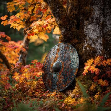 Medieval metal shield propped against an autumn oak tree