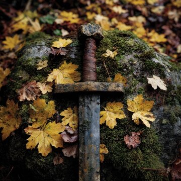 Forgotten sword on a patch of moss and yellow maple leaves