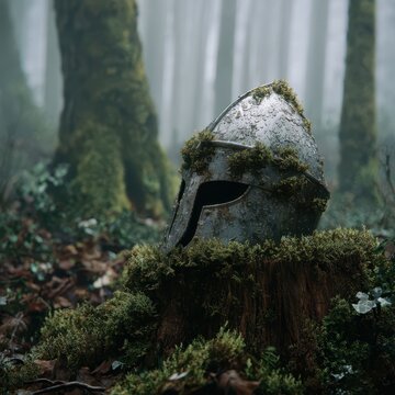 Knight&rsquo;s helm covered in dew and moss in a forest