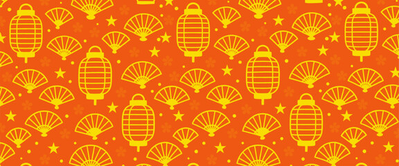 seamless pattern of golden chinese lanterns, fans, and stars on a festive orange background