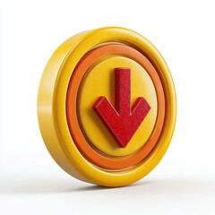 Yellow coin with red down arrow isolated on white background