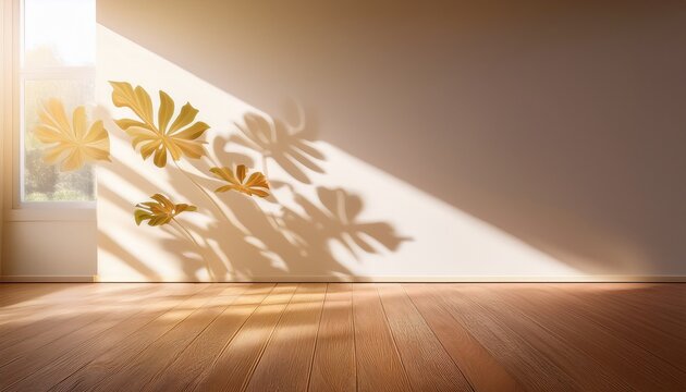 room interior empty space background mock up sunlight and shadows room walls cozy summer warm room with sunlight and leafs shadows and wooden blank parquet floor