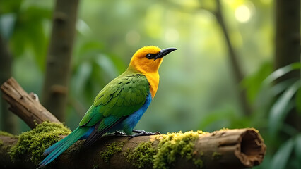 Colorful Tropical Bird on Mossy Branch – Vibrant Nature Close-Up Photography
