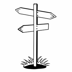 Illustration of a wooden signpost with two blank arrow signs on a pole in a patch of grass