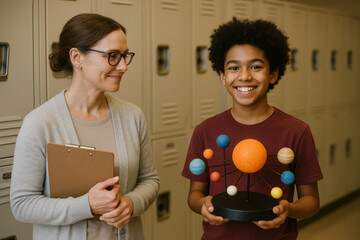 Smiling student showing solar system model to teacher in school hallway