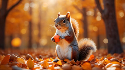 A cute squirrel in 3D kawaii style holding acorns among colorful leaves. A minimal, playful, and warm fall wildlife concept.