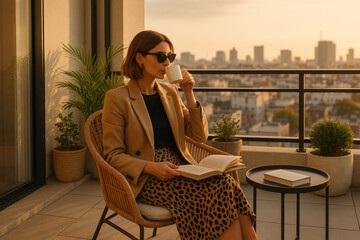 Businesswoman drinking coffee and reading a book on balcony at sunset