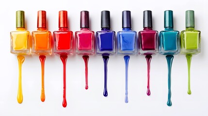 Multi-colored nail polishes on a white background with drops of varnish.