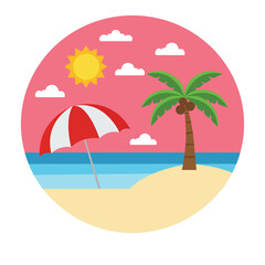 beach,holiday,vacation flat icon illustration of a tropical beach with palm tree umbrella and sun showing summer holiday travel
