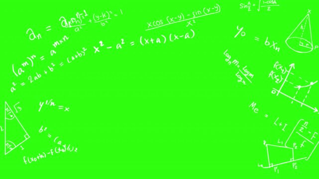 Math formulas on green background, math calculations functions equations