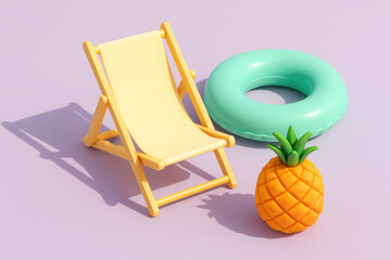 Deck chair, inflatable ring and pineapple composing summer scene
