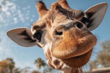 Fototapeta premium Close-up giraffe's face, looking directly at camera