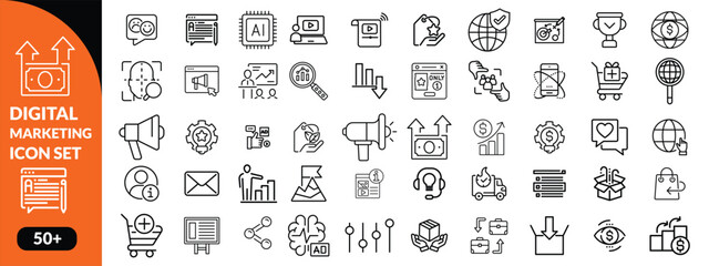 Digital Marketing Line Editable Icons set. Vector illustration for web and mobile app. Marketing related icons advertising, ecommerce, seo, content, streaming, website, social media, and more
