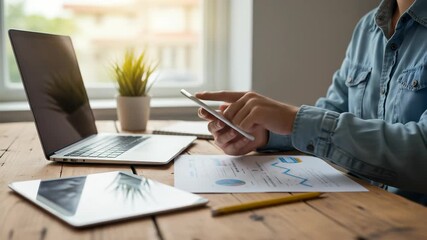 Adult working on a mobile device in front of a laptop, with financial data on a table - Powered by Adobe