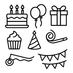 Birthday Icon Pack, Black Vector, Cake, Balloons, Gift Box, Candles, Party Hat, Confetti, and More, Editable Formats: AI, EPS, JPG, PNG, Ideal for Both Digital and Print Use
