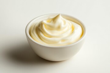 Creamy, pale yellow sauce in a small, white bowl. A swirl of the sauce peaks above the bowl's edge