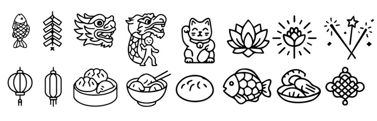 Obraz premium New Year Celebration Icons, Black Vector, Lanterns, Dragons, Firecrackers, Zodiac, Envelopes, Fans, and More, Editable Formats: AI, EPS, JPG, PNG, Ideal for Both Digital and Print Use 