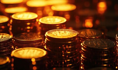 Close-up of stacked gold coins, bathed in warm, golden light