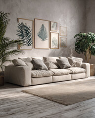 Inviting Living Room with Comfortable Sofa Surrounded by Plants and Nature-Inspired Artwork