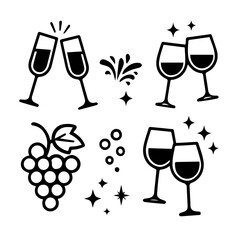 Elegant New Year Toast, Black Vector, Champagne Glasses, Fireworks, Confetti, Ribbons, Stars, and More, Editable Formats: AI, EPS, JPG, PNG, Ideal for Both Digital and Print Use
